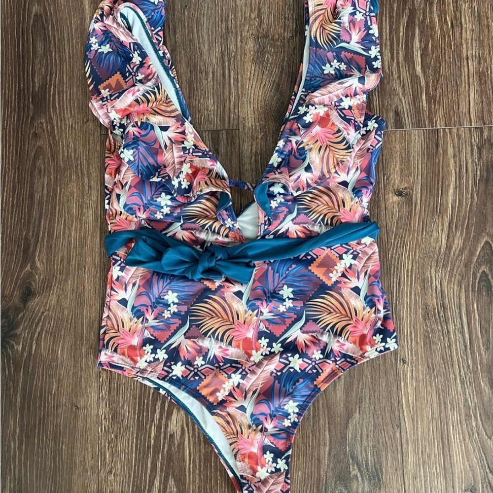 Floral print with bow one piece swimsuit